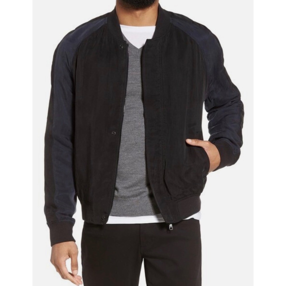 Vince Colorblock Bomber Jacket Size Medium Black Blue 100% Cupro Luxury NEW